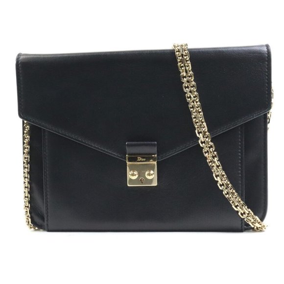 Dior Handbags - Auth Christian Dior Shoulder Chain Wallet Clutch Bag Black/Gold - Leather r9835f